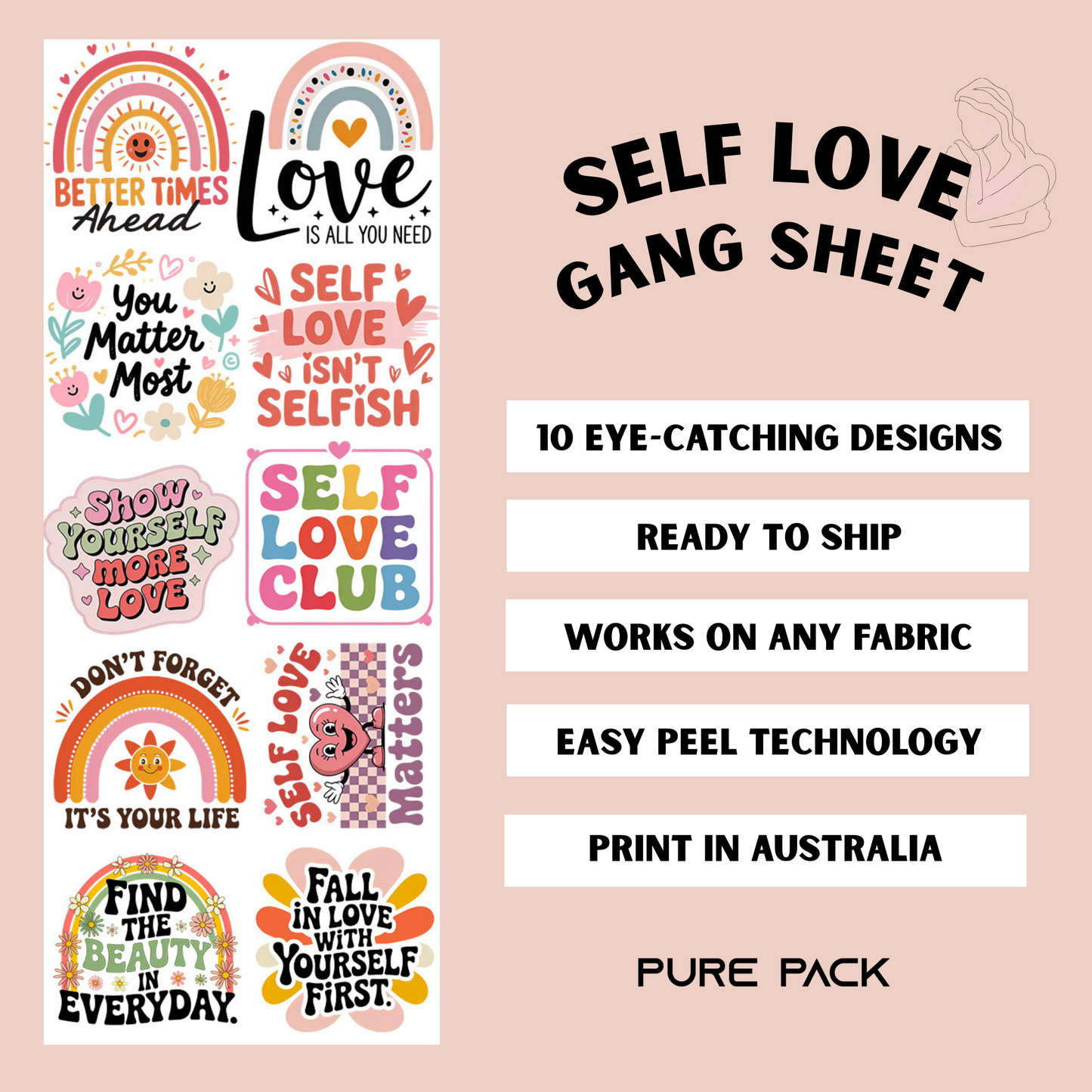 Self Love (10 transfers) - Pre-made DTF Gang Sheet #009